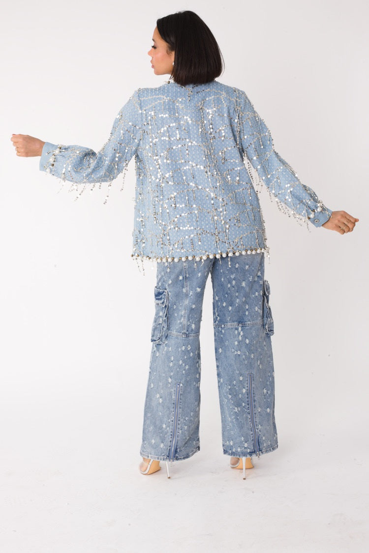 Blue Denim Jacket with Sequins and Pearls– 82384