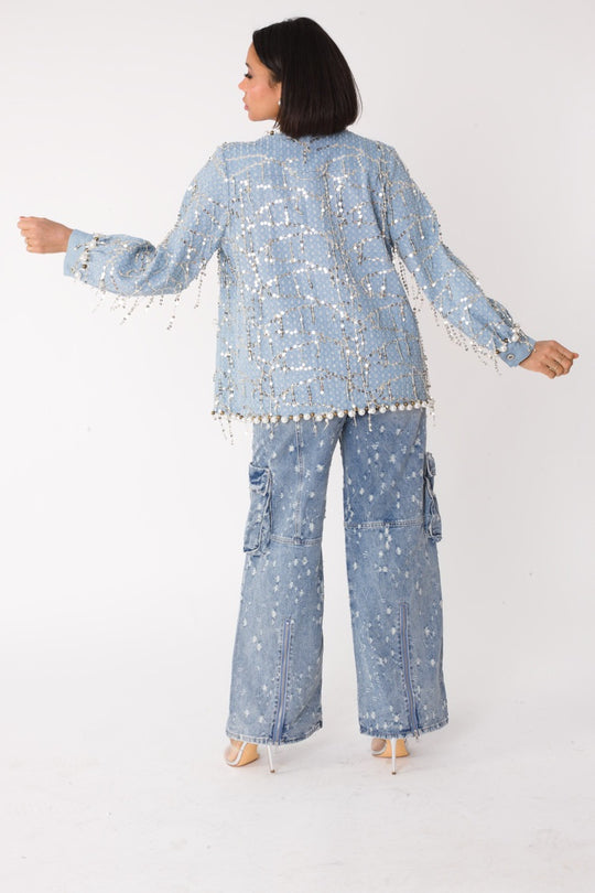 Blue Denim Jacket with Sequins and Pearls– 82384