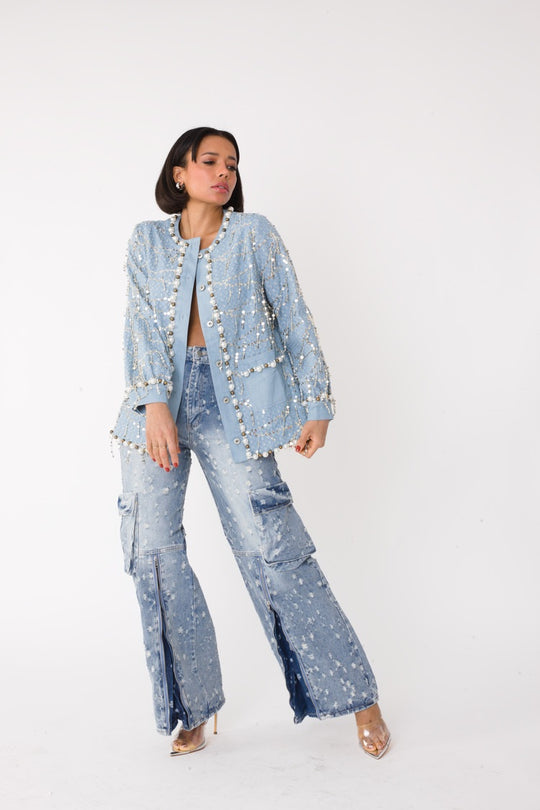 Blue Denim Jacket with Sequins and Pearls– 82384