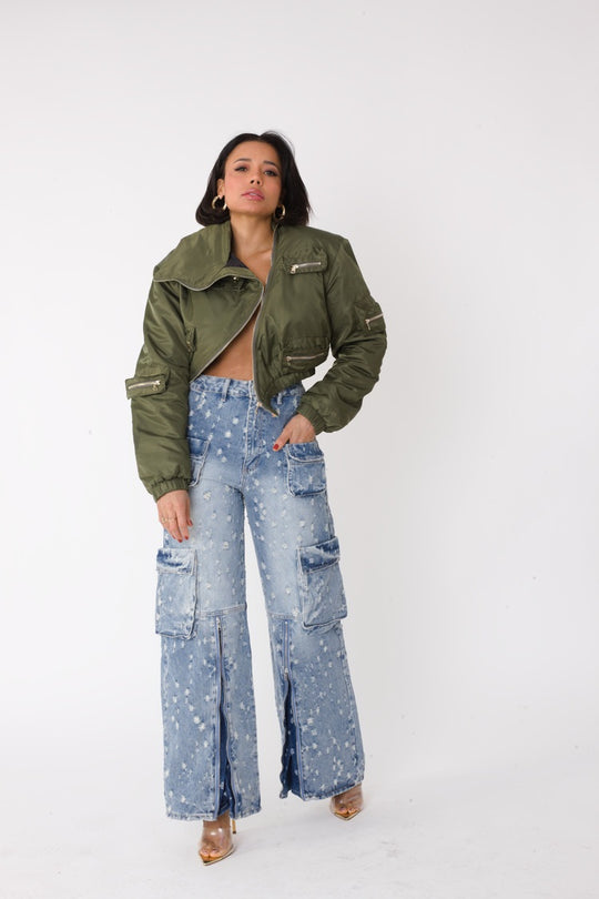 Olive Cropped Utility Bomber Jacket -82404