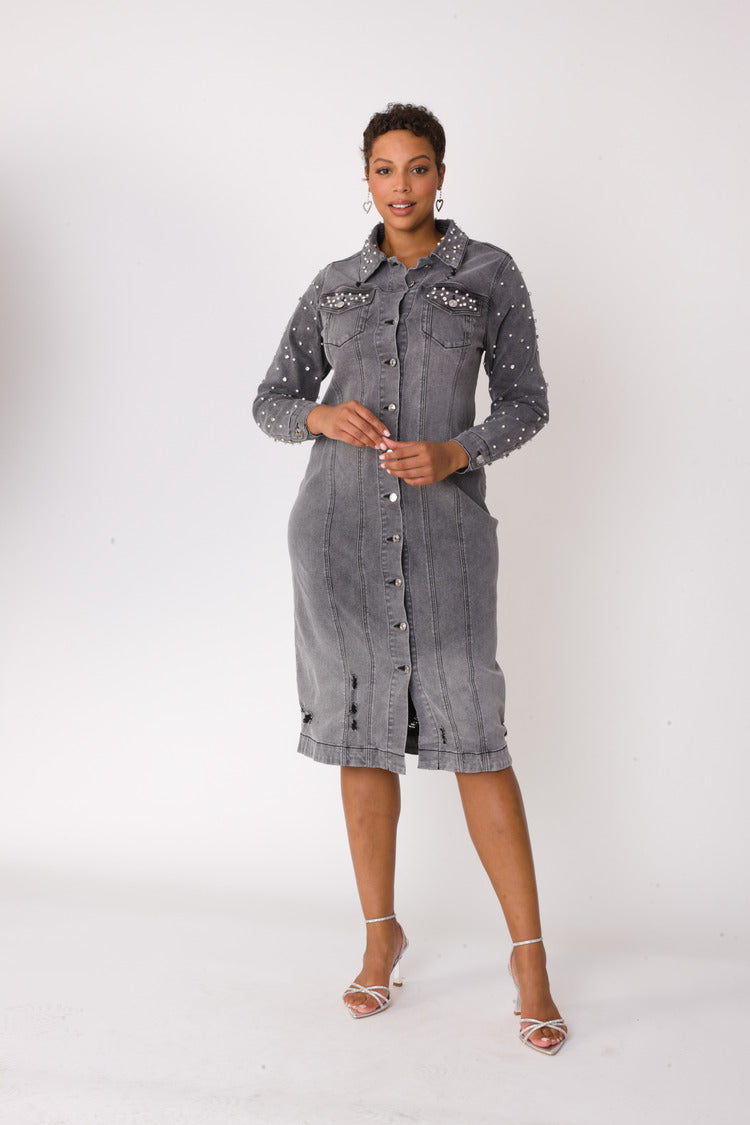 Pearl Embellished Grey Denim Midi Dress -82681