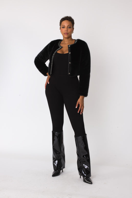 Cropped Rhinestone-Trimmed Fur Jacket -82652