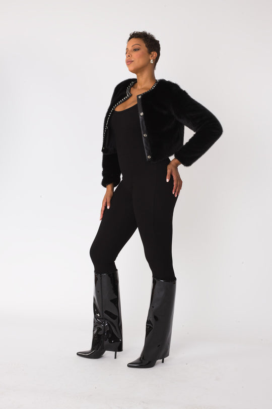Cropped Rhinestone-Trimmed Fur Jacket -82652