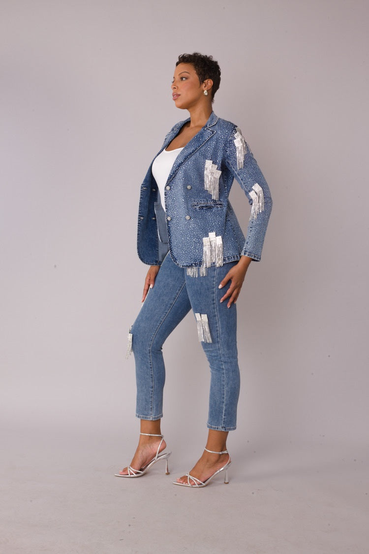 Metallic Fringe Cropped Jeans -82531