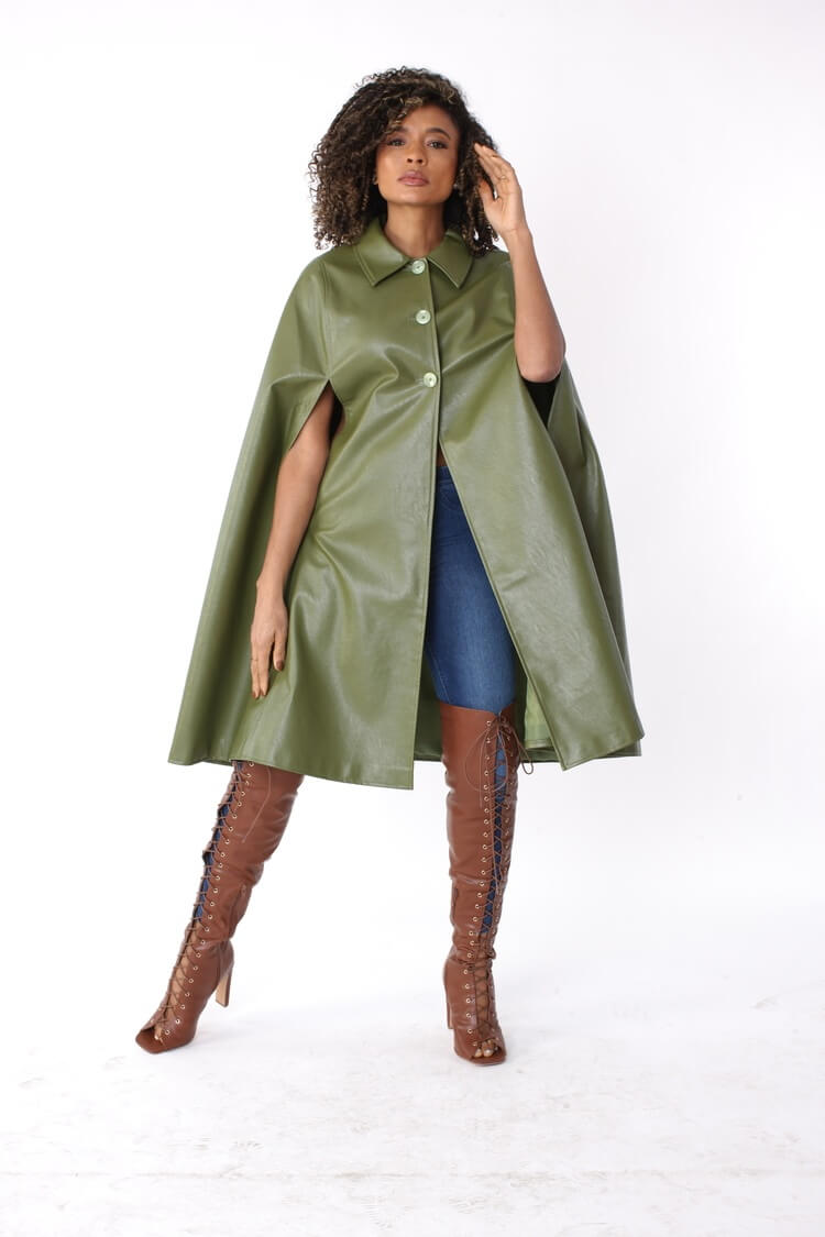 Leather Cape Coat -82048
