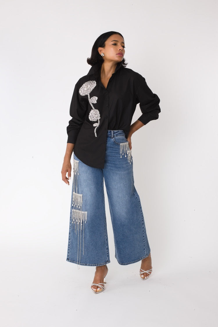 Crystal Cascade Wide-Leg Denim -82513