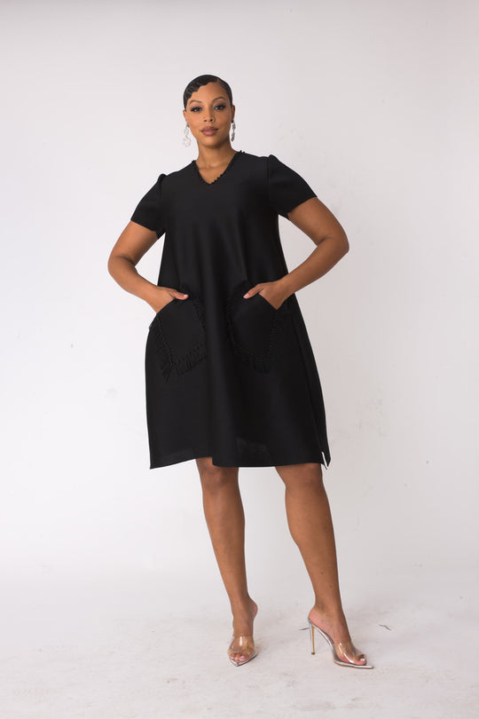 Fringe Pocket Shift Dress - 82604