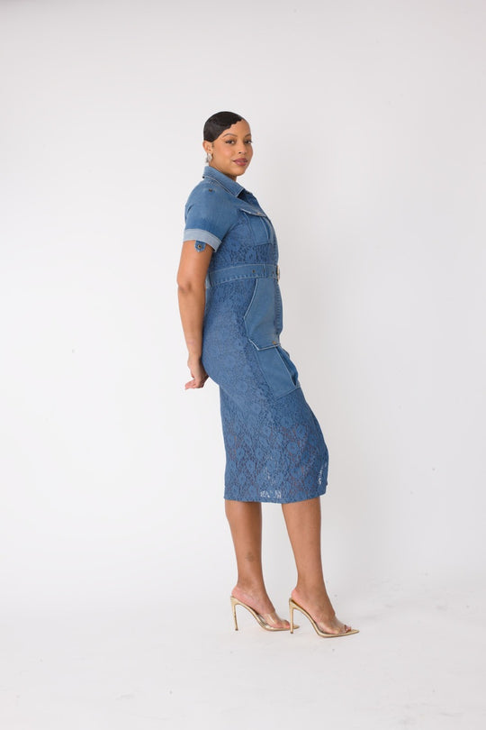 Lace Trimmed Denim Midi Dress - 82746