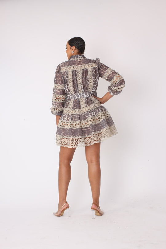 Stylish Leopard Print Lace Trim Dress- 82800