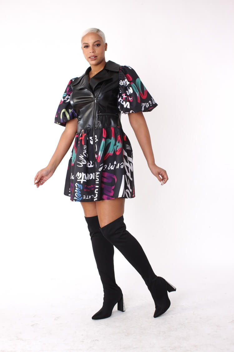 Leather Puff Sleeve Printed Dress -82035