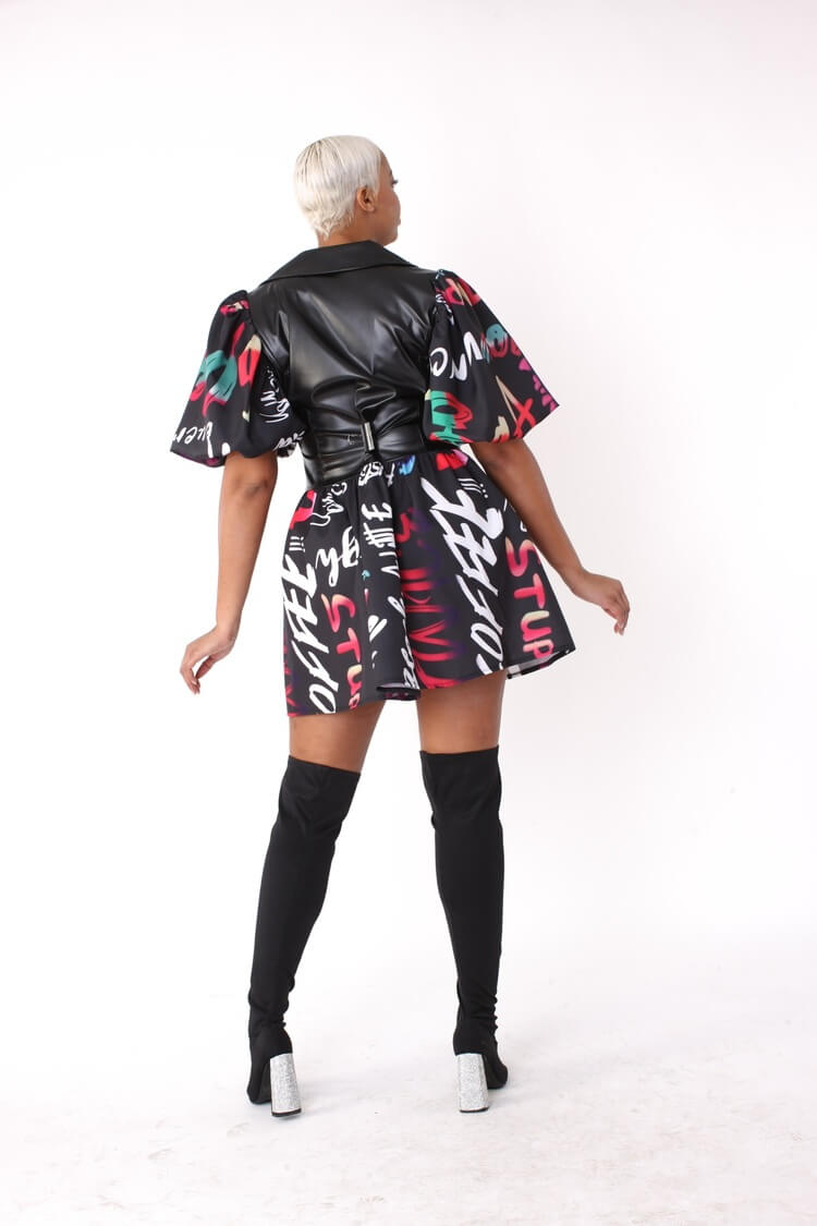 Leather Puff Sleeve Printed Dress -82035