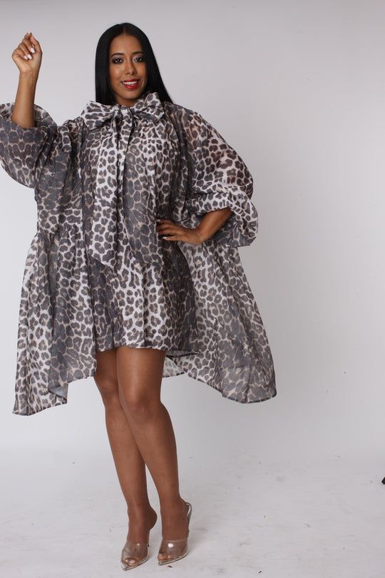 Leopard Print Organza Bow Dress- 82752