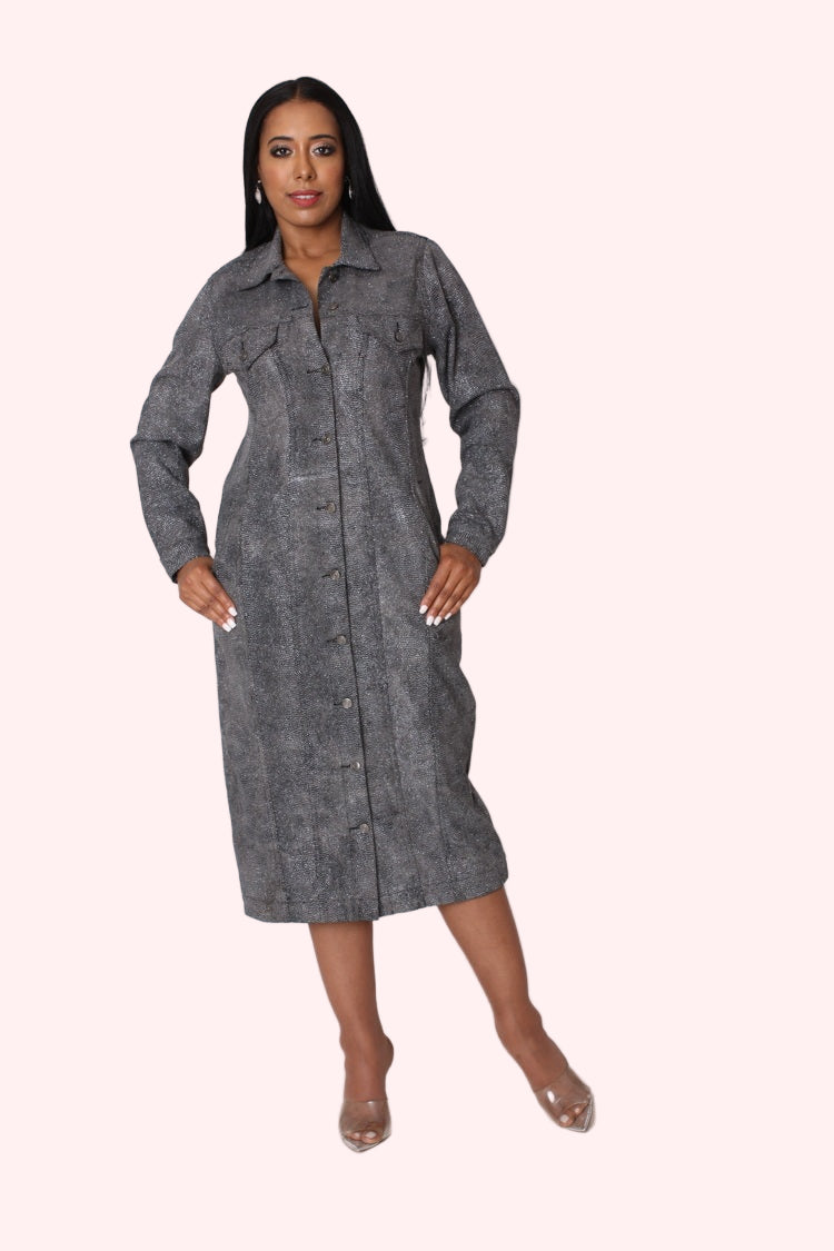 Crystal Embellished Denim Midi Dress - 82680