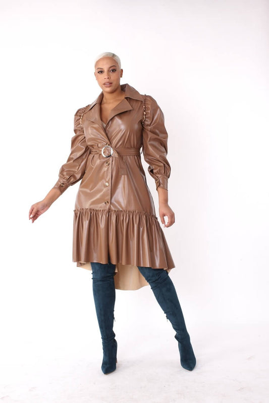 Leather High-Low Ruffle Midi Dress -82045