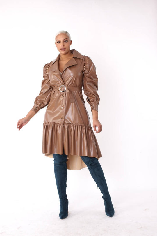 Leather High-Low Ruffle Midi Dress -82045