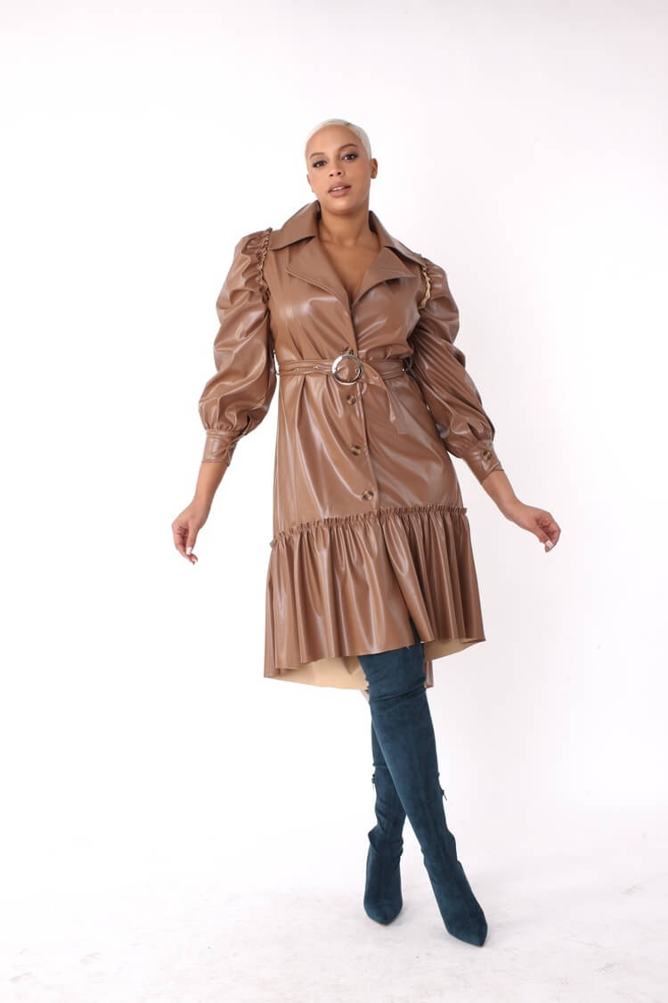 Leather High-Low Ruffle Midi Dress -82045