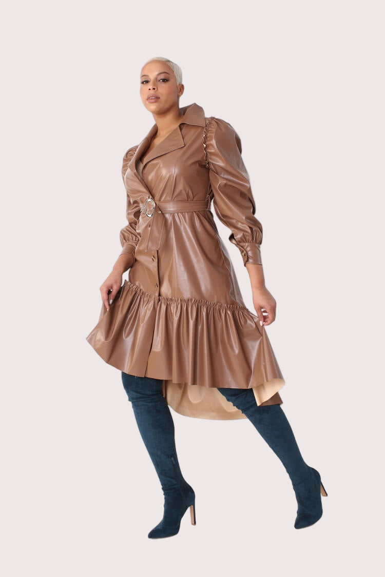Leather High-Low Ruffle Midi Dress -82045