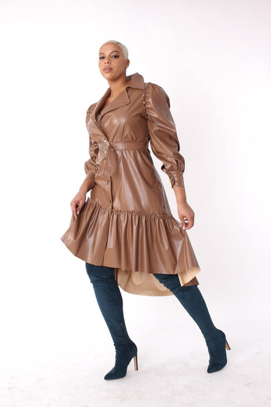 Leather High-Low Ruffle Midi Dress -82045