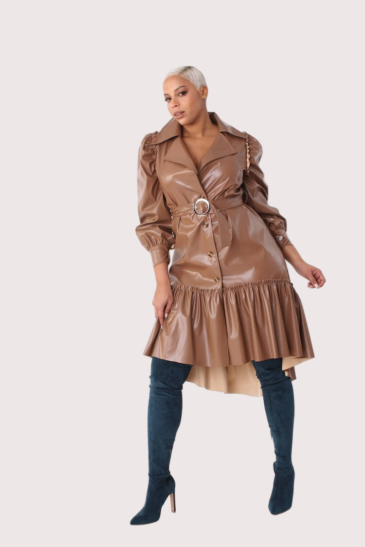 Leather High-Low Ruffle Midi Dress -82045