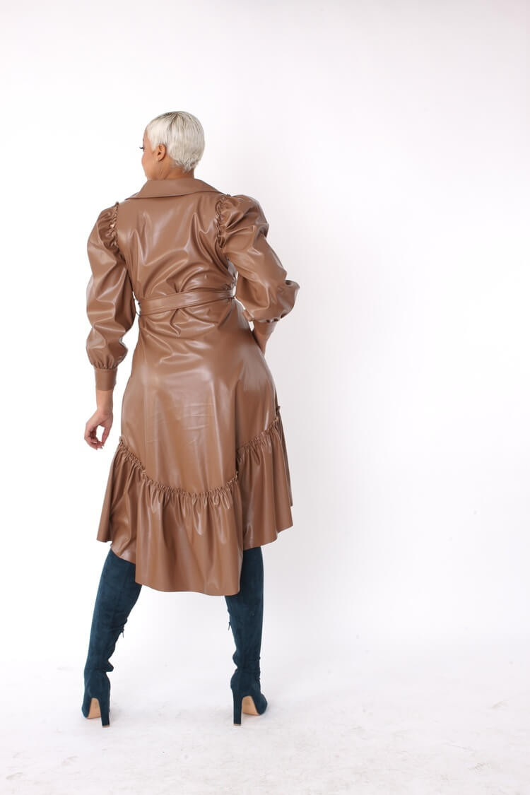 Leather High-Low Ruffle Midi Dress -82045