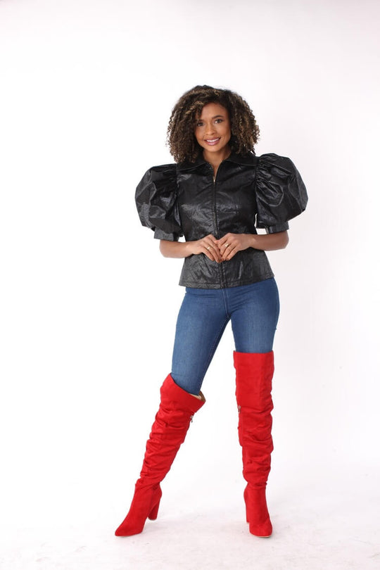 Puff Sleeve Faux Leather Zip-Up Jacket- 82014