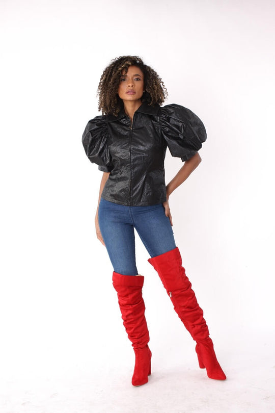 Puff Sleeve Faux Leather Zip-Up Jacket- 82014