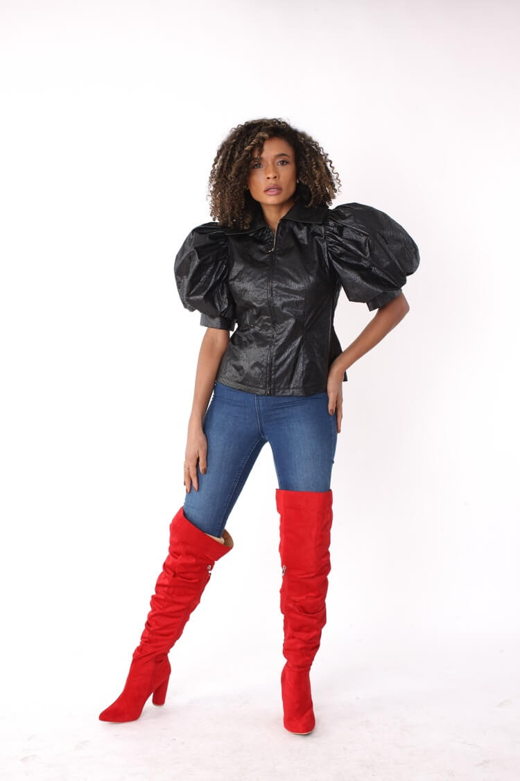 Puff Sleeve Faux Leather Zip-Up Jacket- 82014