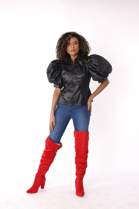 Puff Sleeve Faux Leather Zip-Up Jacket- 82014