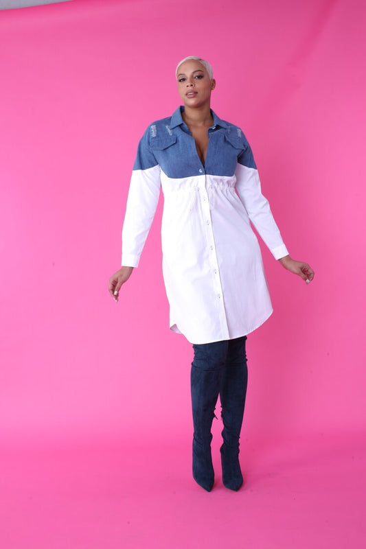Denim Combo Woven Shirt Dress -82043