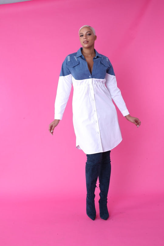 Denim Combo Woven Shirt Dress -82043