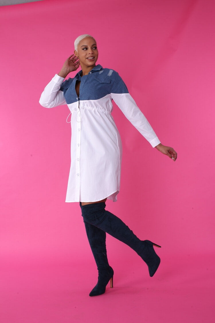Denim Combo Woven Shirt Dress -82043