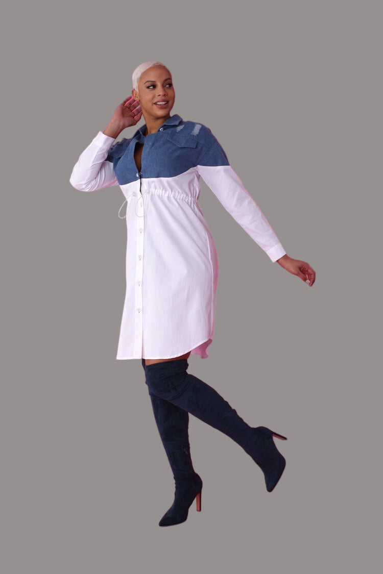 Denim Combo Woven Shirt Dress -82043