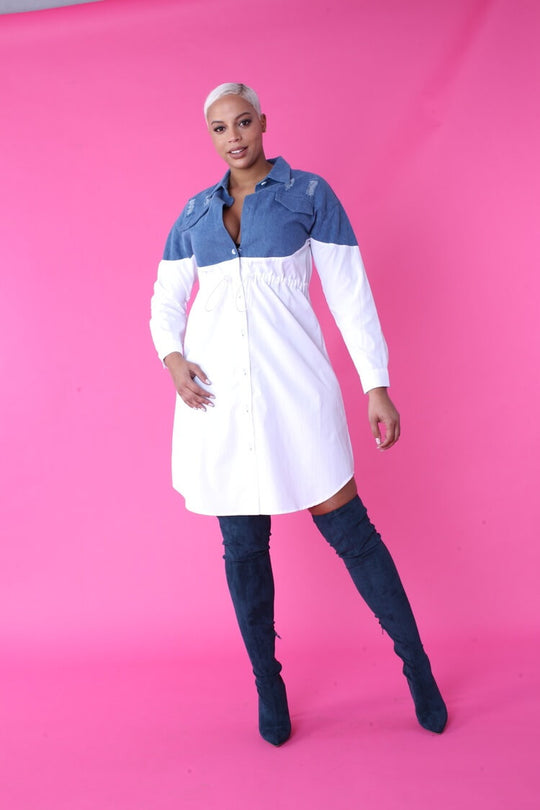 Denim Combo Woven Shirt Dress -82043