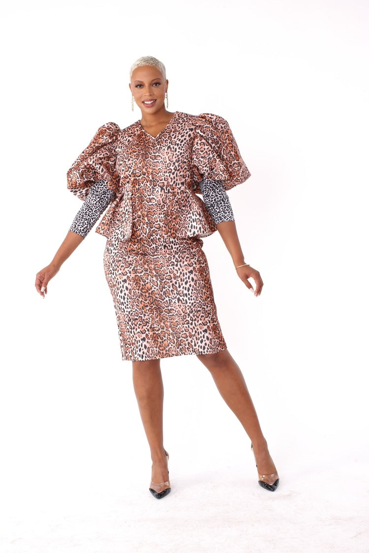 Leopard Print Puff-Sleeve Peplum Dress -82143