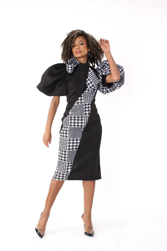 Black and Houndstooth Midi Dress -81885
