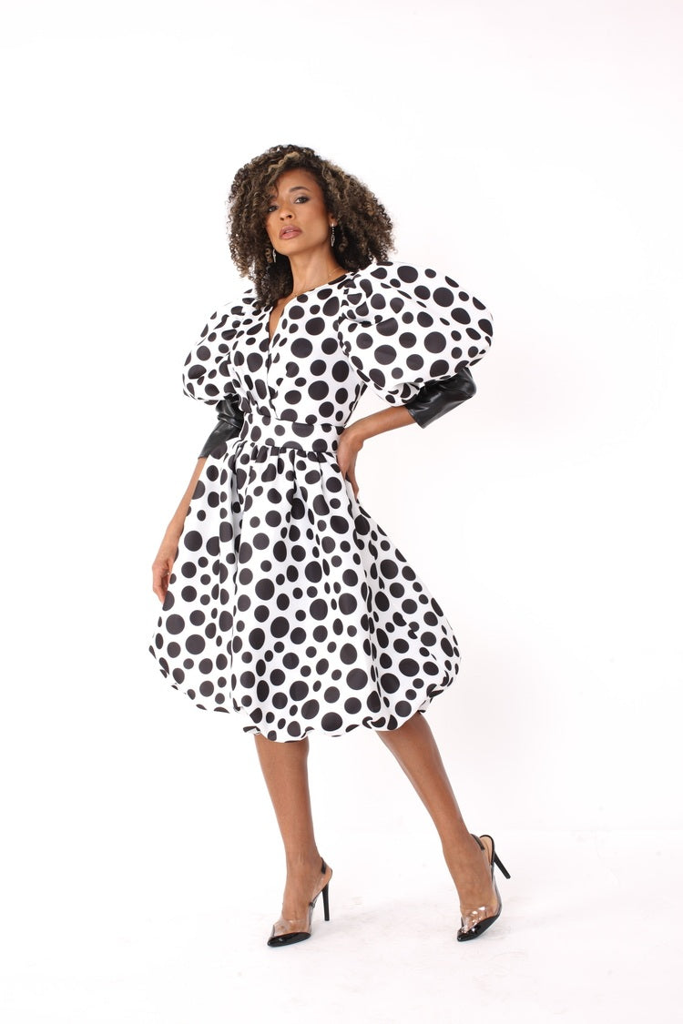 Polka Dot Puff-Sleeve Midi Dress -82150