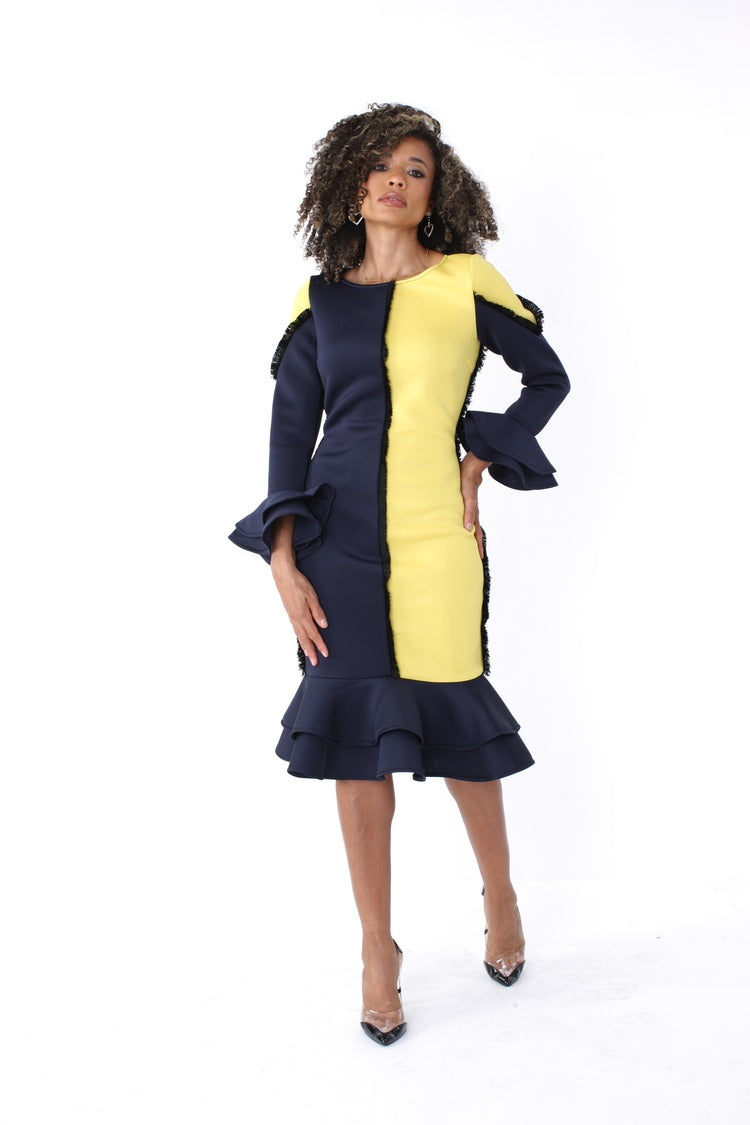 Colorblock Ruffle Midi Dress -82146