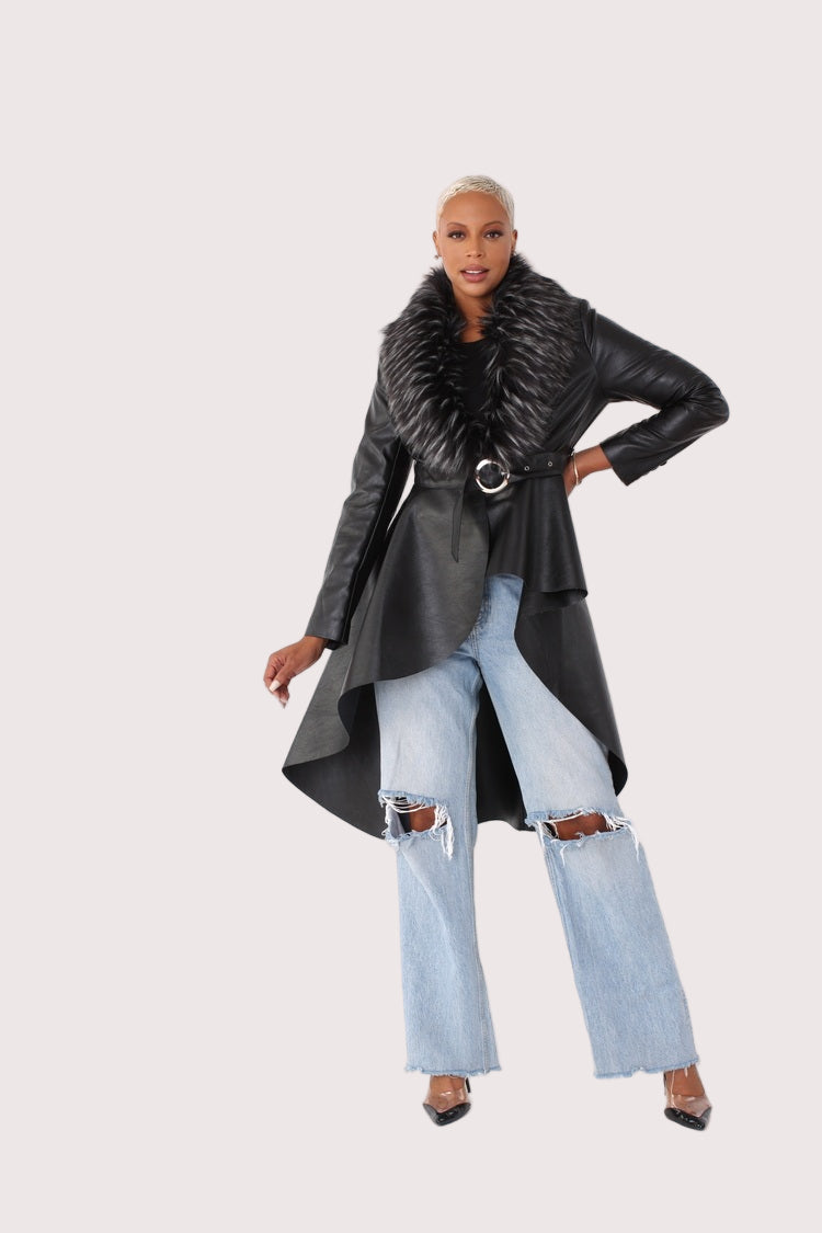 Leather Coat with Fur Collar -82054