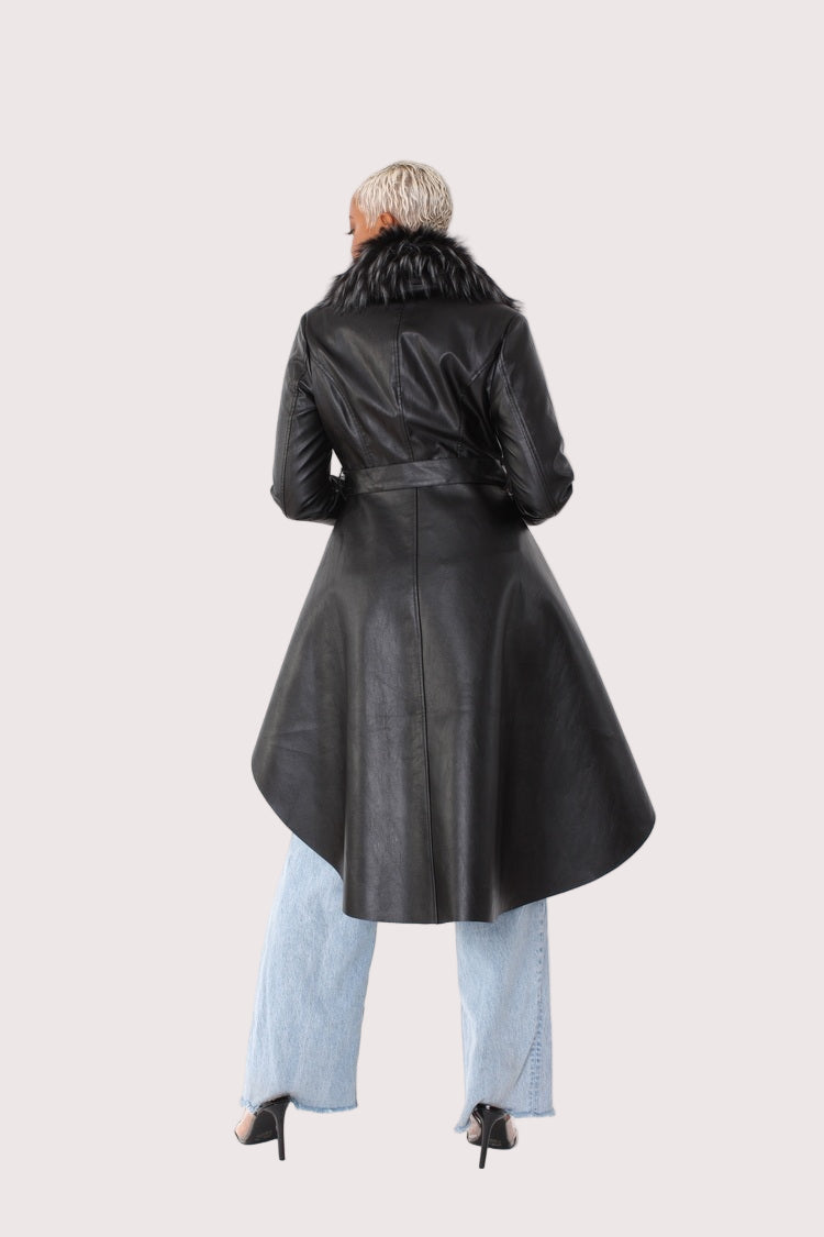 Leather Coat with Fur Collar -82054