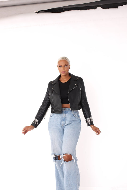 Cropped Leather Jacket with Fringe Details -82064