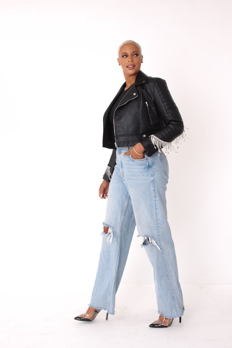 Cropped Leather Jacket with Fringe Details -82064