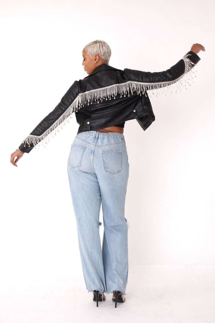 Cropped Leather Jacket with Fringe Details -82064