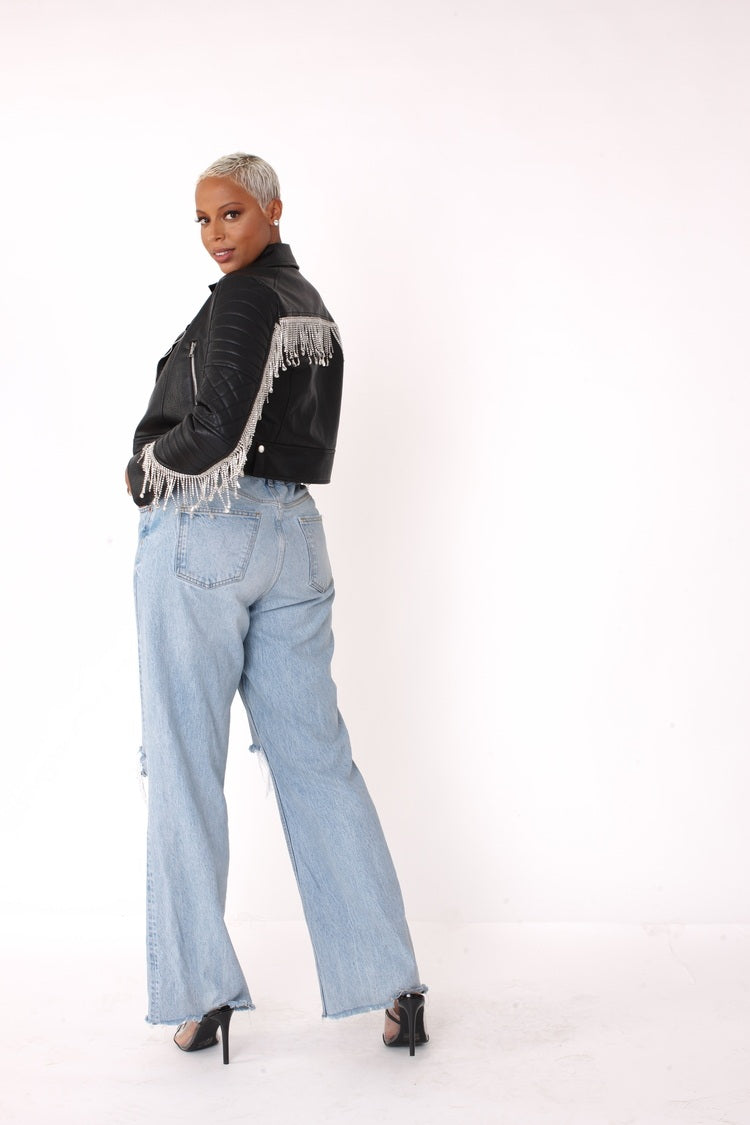 Cropped Leather Jacket with Fringe Details -82064