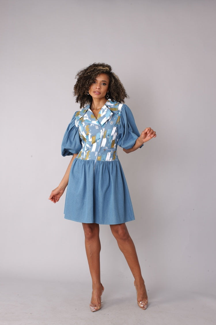 Denim Puff Sleeve Dress -82092