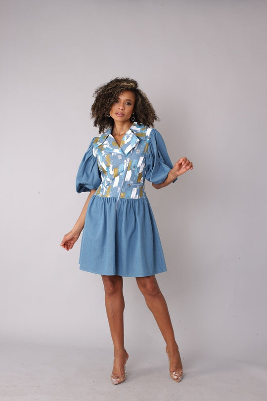 Denim Puff Sleeve Dress -82092