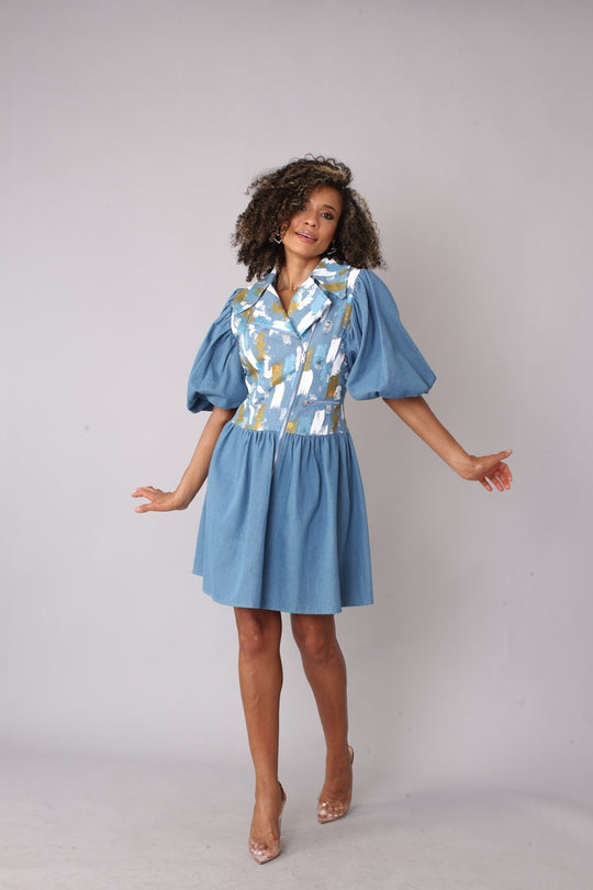 Denim Puff Sleeve Dress -82092