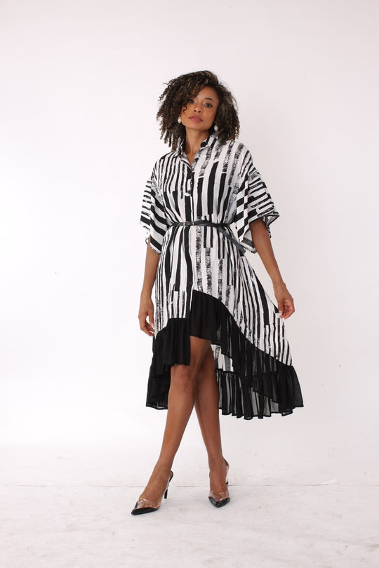 Abstract Stripe High-Low Shirt Dress - 82191