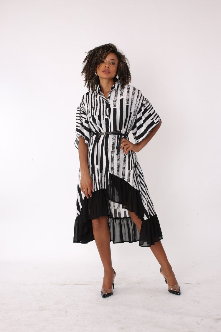 Abstract Stripe High-Low Shirt Dress - 82191