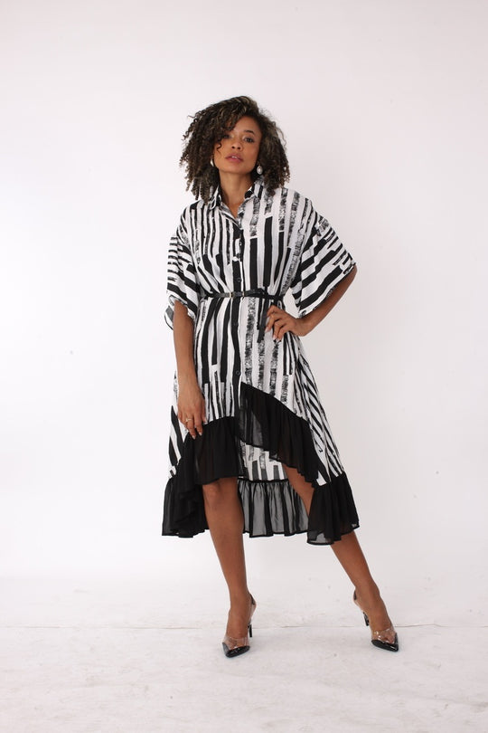 Abstract Stripe High-Low Shirt Dress - 82191