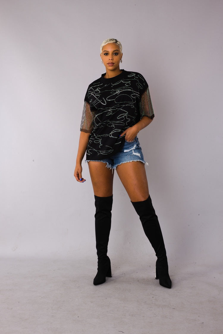 Rhinestone Script Mesh Sleeve Top - 82235
